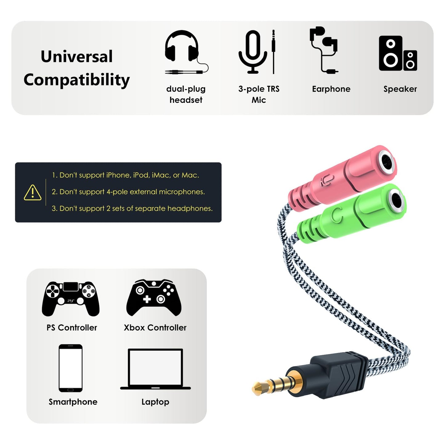 MillSO Headphone Mic Splitter, 3.5mm Headset Adapter (Microphone + Audio) 2 TRS Female to TRRS Male CTIA Stereo Jack Y Cable Compatible for Dual-Plug