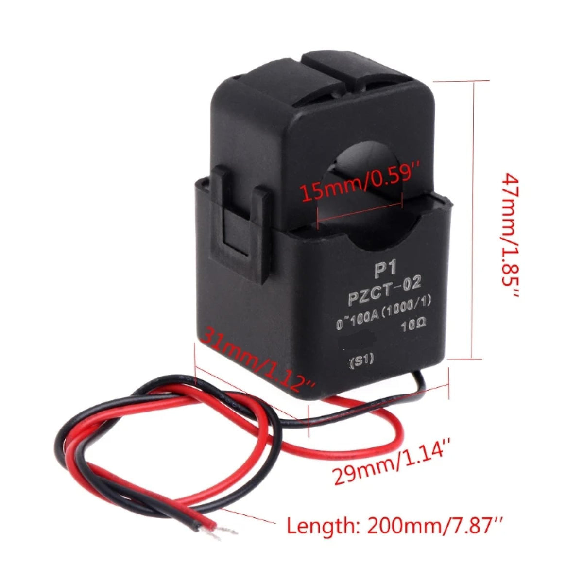 Split Core Current Transformer PZCT-02, 0-100A Range, 1.85x1.22x1.14 inches, Black