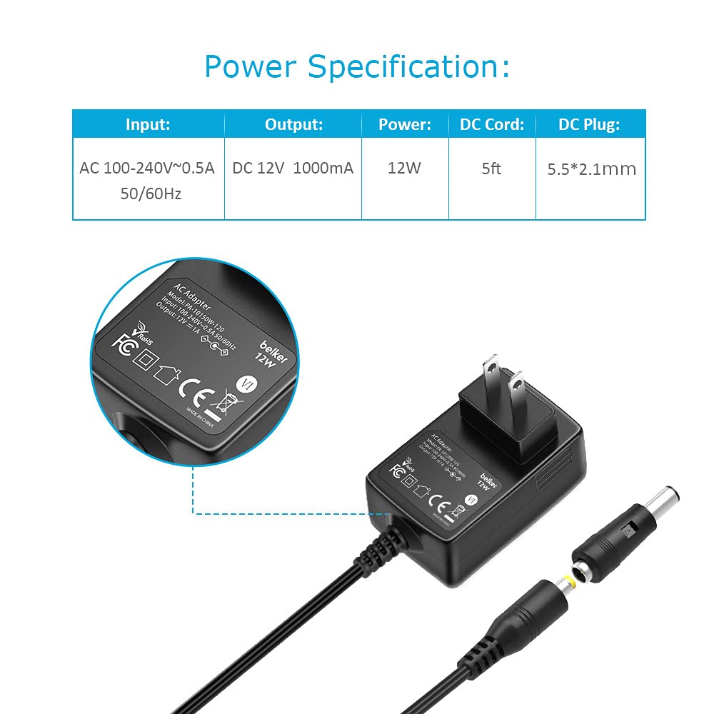 Belker 12V 1A AC DC Adapter Wall Charger Power Adapter Supply for 12 Volt Electronics - 1000mA Max.