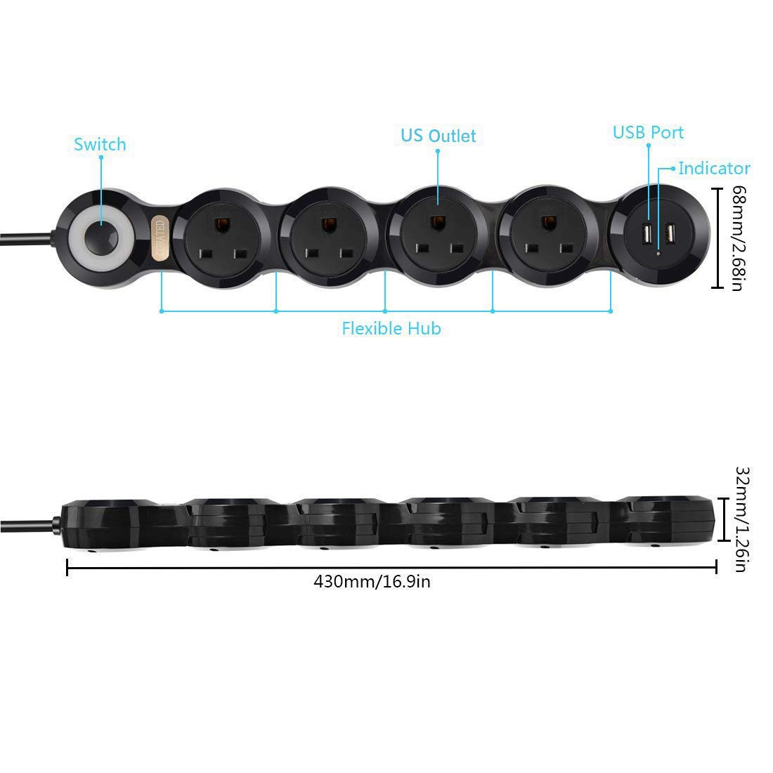 CORATED Flexible Power Strip Surge Protector with 2 USB Ports and 4 Outlets for Home, Office and Travel (9Ft Long Cord, Black)