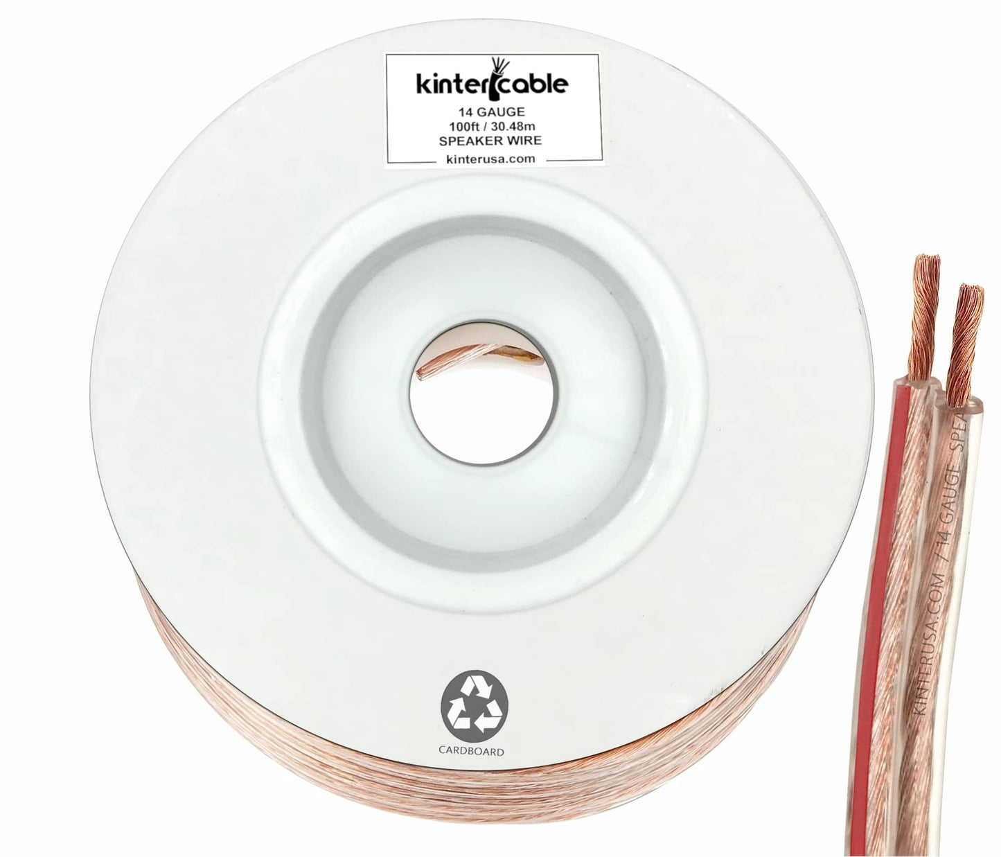 Kinter Cable 100ft 14-Gauge Audio Stereo Speaker Wire 30.48 Meters 2 Conductor Polarity Marked Clear PVC, CCA, Spool in Box, for Home Theater, HiFi