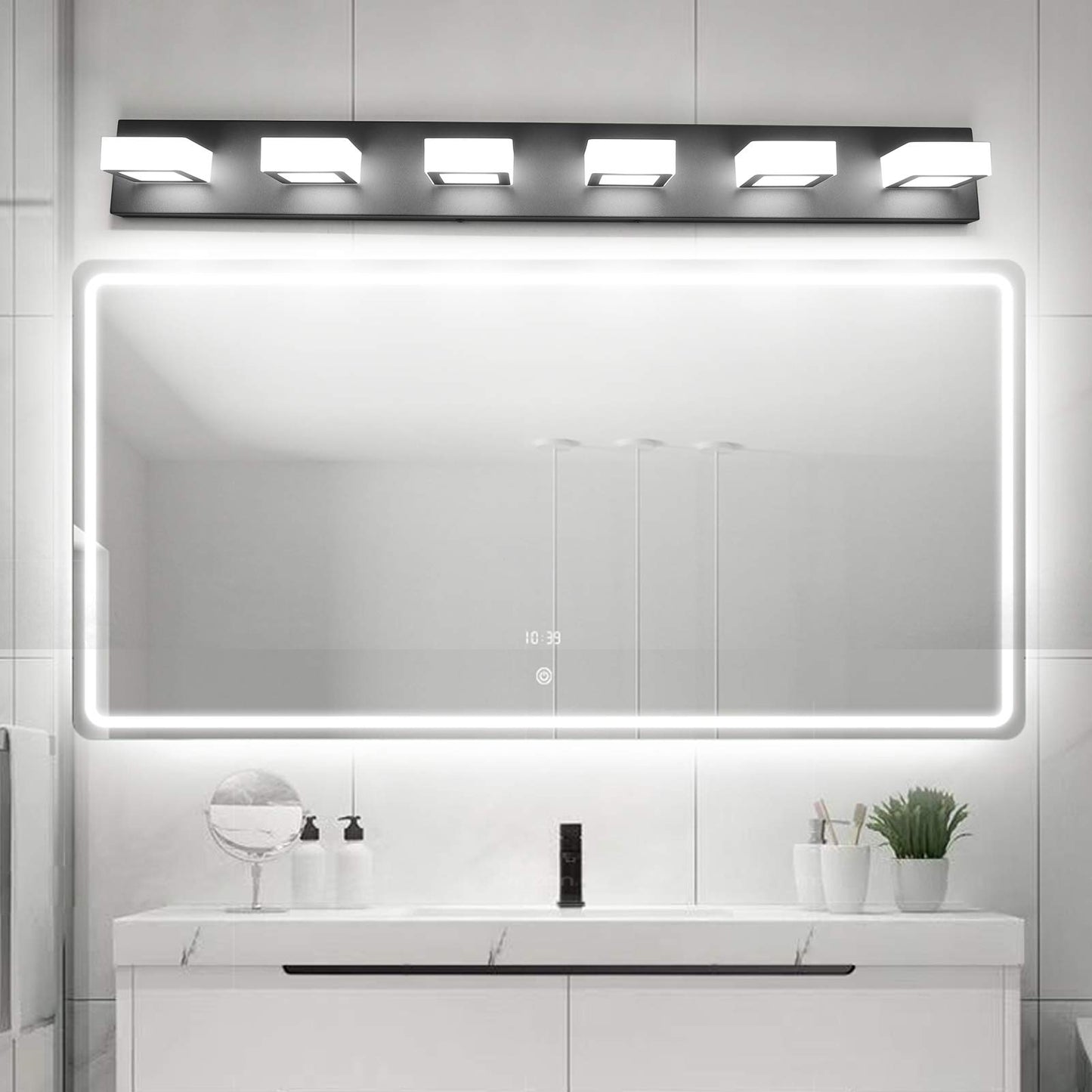 Ralbay Modern Black Vanity Lights Fixtures 6 Lights Acrylic Modern LED Matte Black Vanity Lights for Bathroom