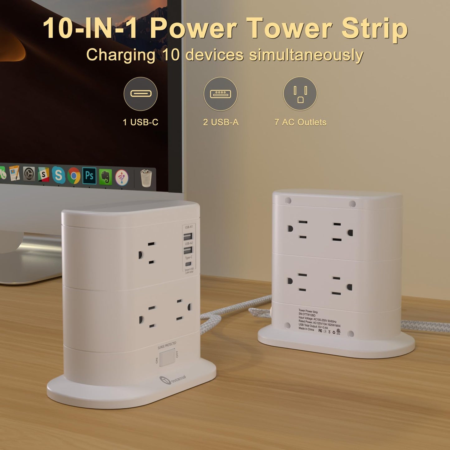 Overtop Tower Power Strip with Surge Protection, Nightlight Flat Plug Power Strip with 7 AC Outlets 3 USB Ports, 1625W/13A 1600J, 6.5Ft Extension Cord