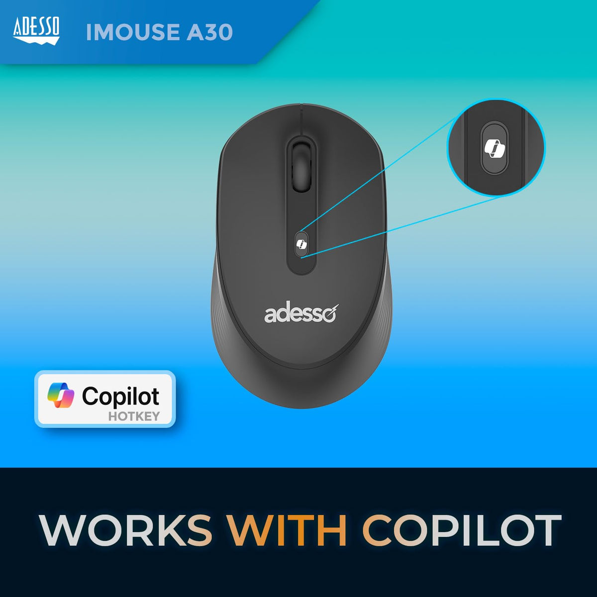 Adesso iMouse A30 Wireless Mouse, Black, 1200 DPI