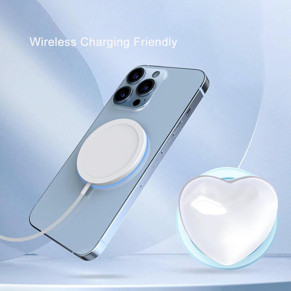 Cute White Heart Phone Grip Compatible with MagSafe, Adapter Ring for MagSafe Included, Magnetic Phone Grip for Android Phones & Kindle, Wireless