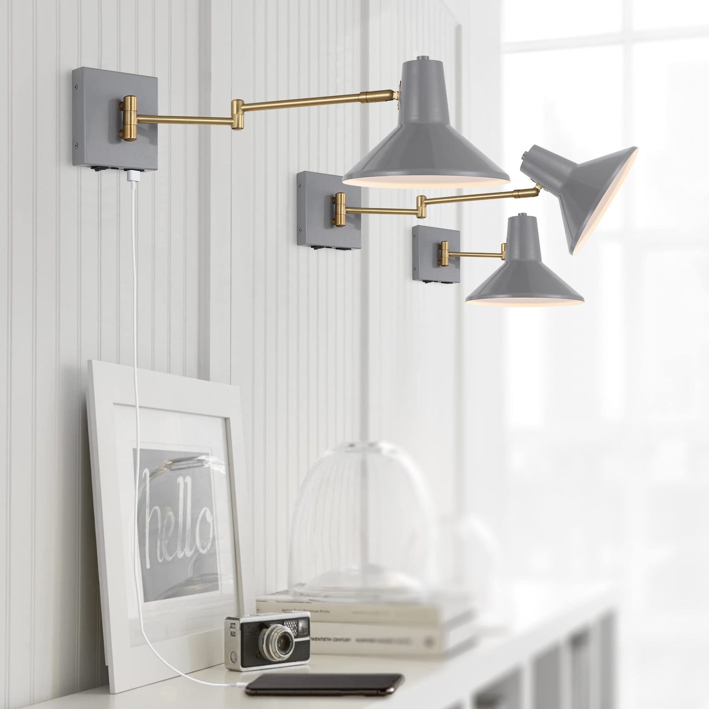JONATHAN Y 16" Grey/Brass Gold 1-Light Modern Swing Arm Sconce with USB Port, Plug-in Midcentury LED Bedside Lamp with White Iron Shade for Bedroom