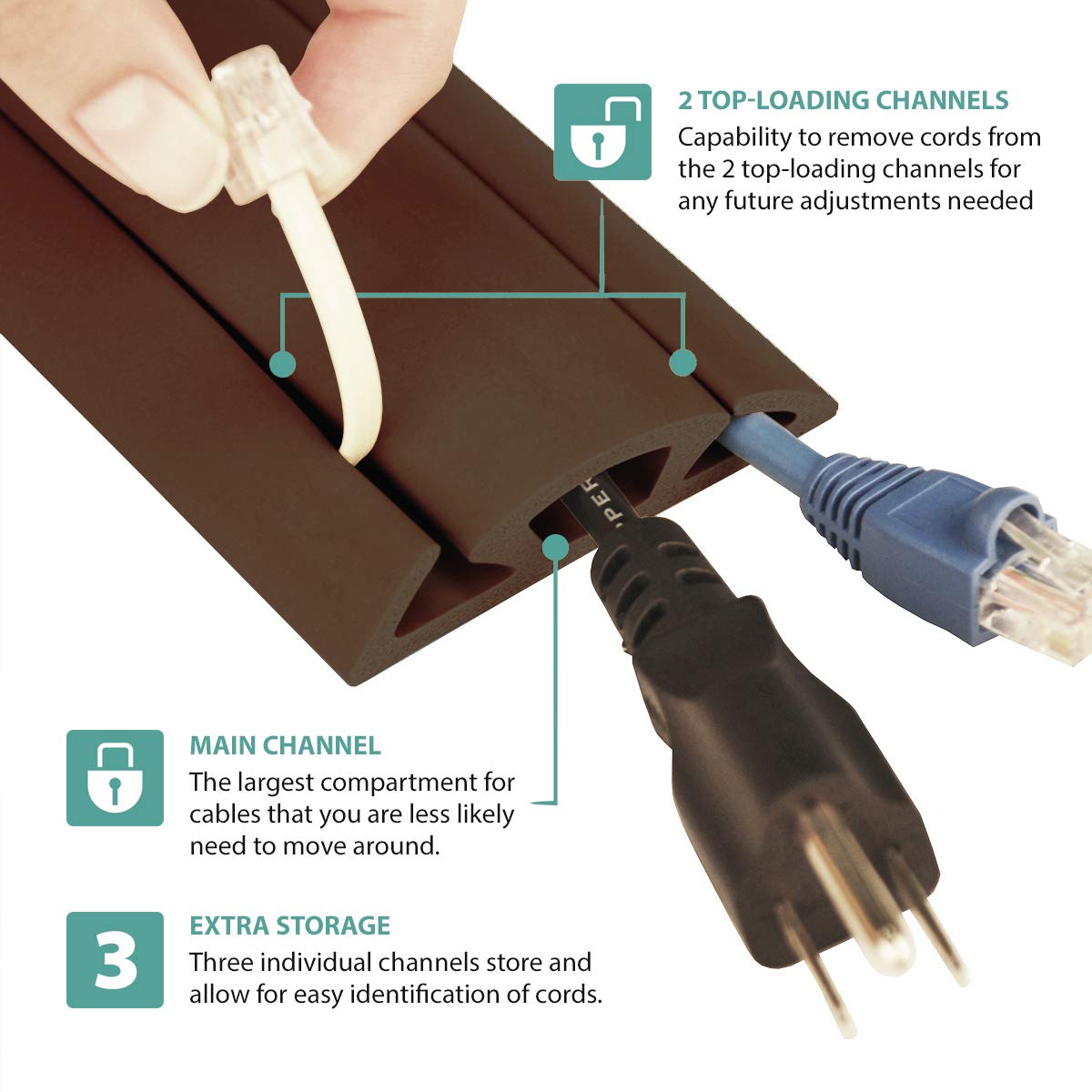 UT Wire 5-Feet Cord Protector with 3-Channels for Floor, Brown