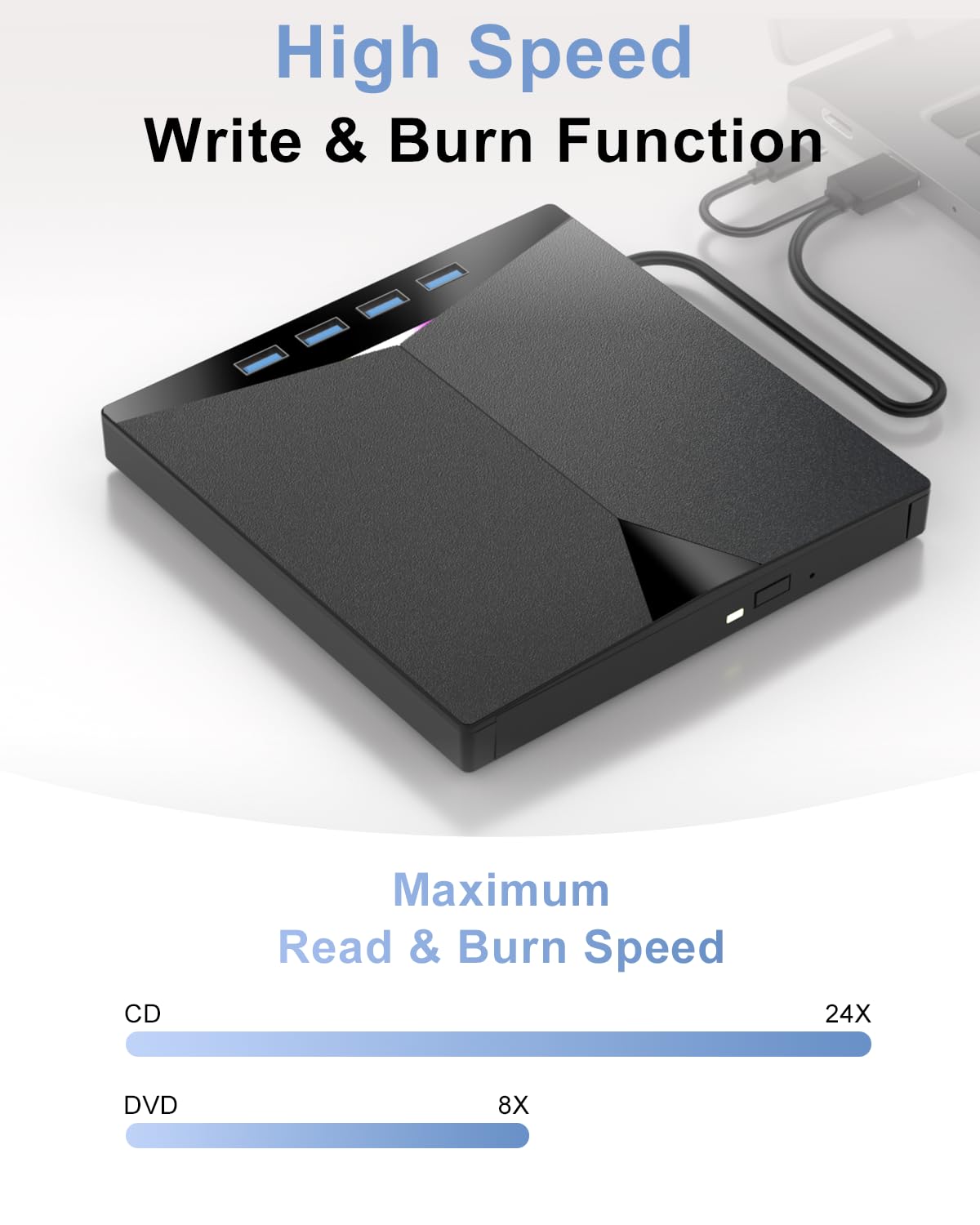 External CD/DVD Drive for Laptop, 7-in-1 External DVD Drive with 2 USB Ports, External DVD Burner with SD/TF Card Slots, CD/DVD Reader, USB 3.0 DVD