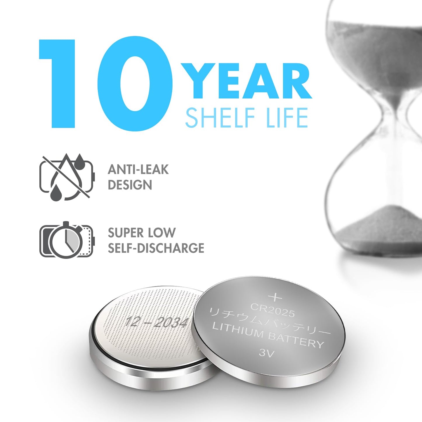 Tenergy 3V CR2025 Batteries, Lithium Button Coin Cell 2025 Battery, for Key FOBs & Other Devices, 10 Count
