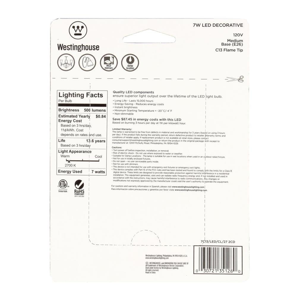 Westinghouse 3512800 60W Equivalent C13 Soft White Led Light Bulb with Medium Base, 2 Pack
