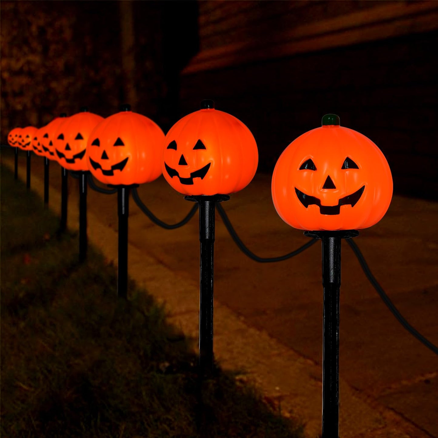 7Ft Halloween Decorations Pathway Lights Outdoor Pumpkin Stake Lights with 4 Jack-O Lantern Pumpkin Lights, 5 C7 LED Bulbs(1 Spare) and 4 Stakes