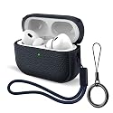 Case for AirPods Pro 3 (2025 Release), Leather-Texture TPU Shockproof Protective Cover with Keychain, Wrist Strap, Front LED Visible - Navy Blue