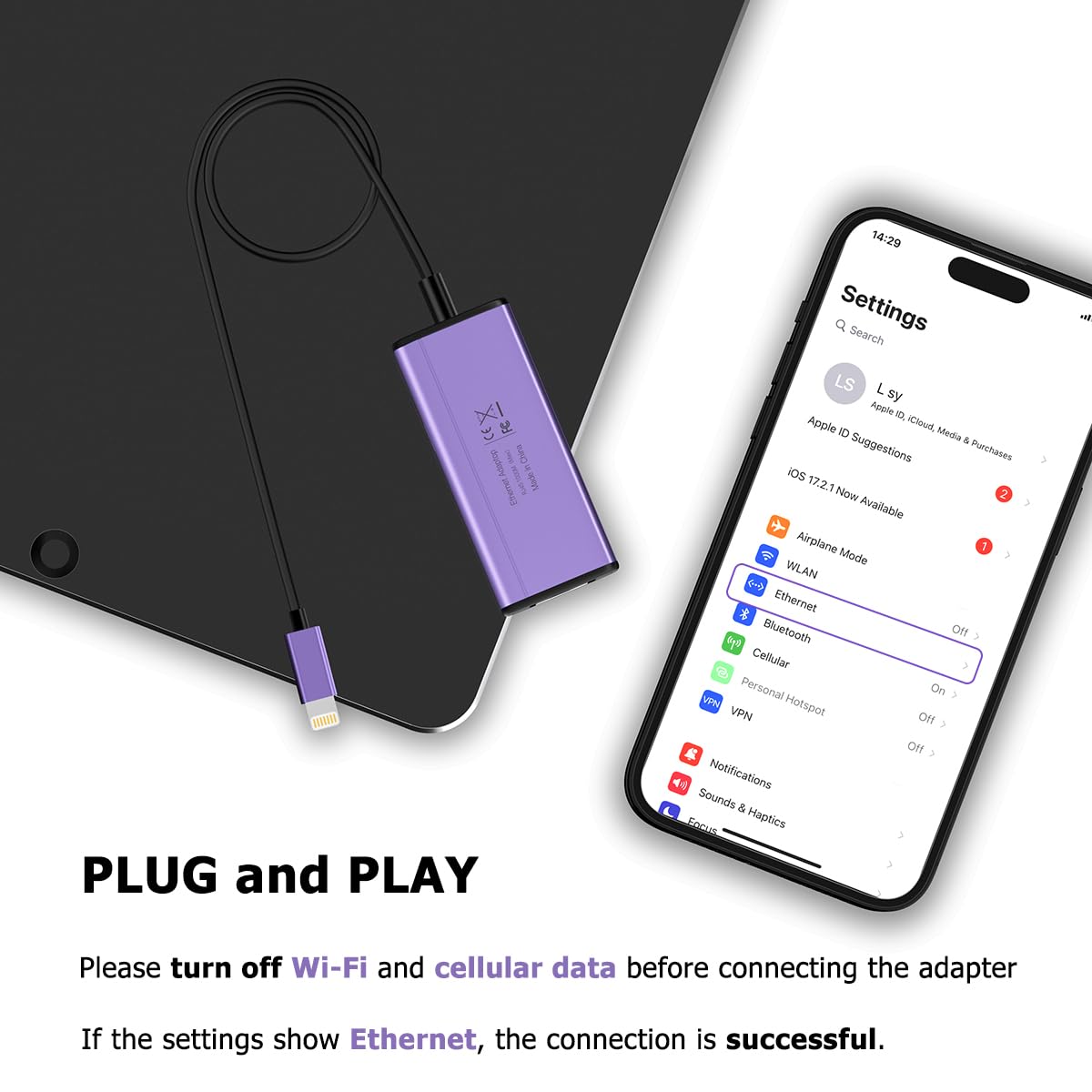 Lightning to 1000Mbps Ethernet Adapter, IVSHOWCO 2 in 1 iPhone iPad to RJ45 Ethernet LAN Network Adapter with Charging Port, 1 Gigabit High Speed,Plug