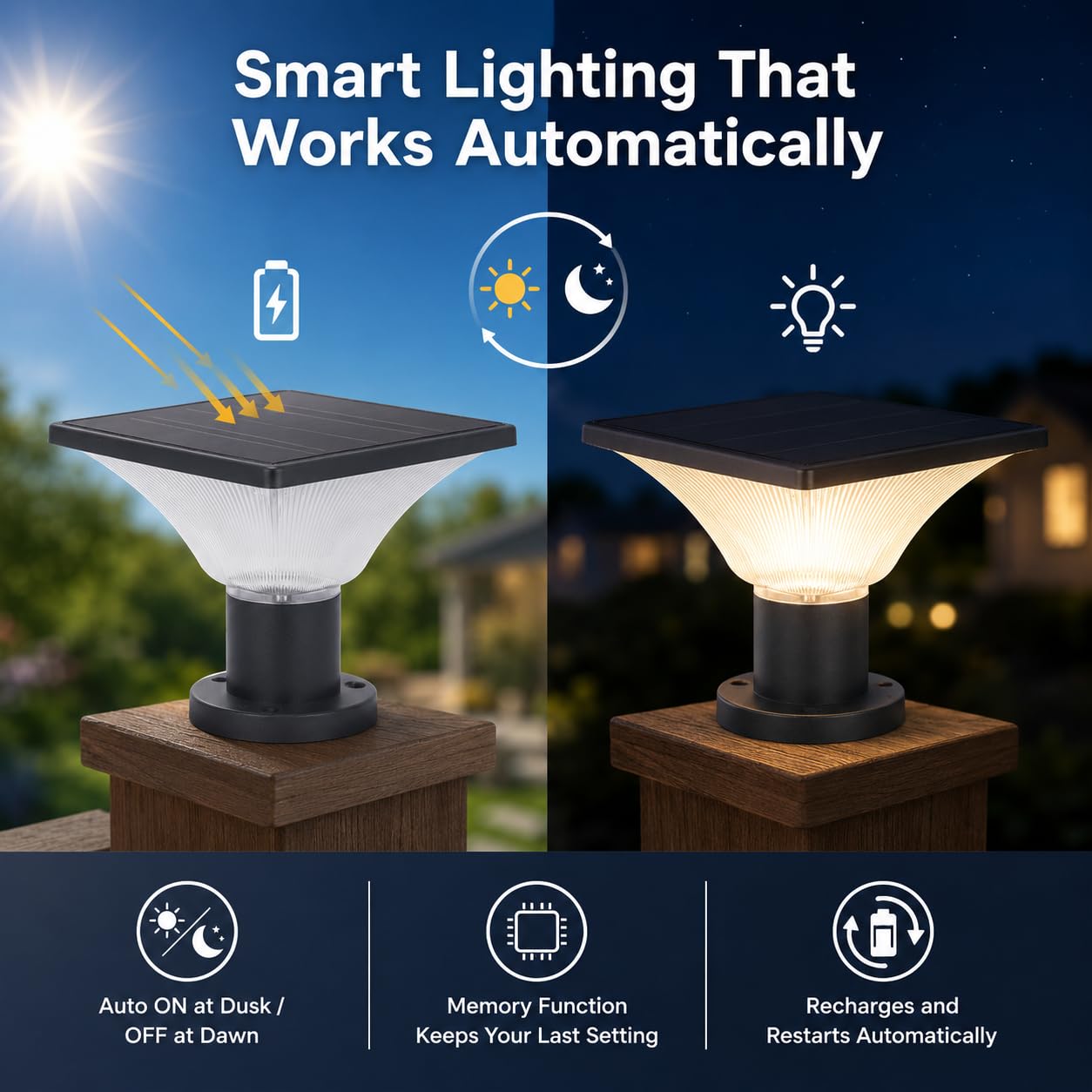 FOOYANCHO Solar Post Cap Lights - Auto On/Off Solar Post Lights Outdoor - Post Lights Outdoor Solar Powered 4x4 - Outdoor Lights Fits Most Posts (1
