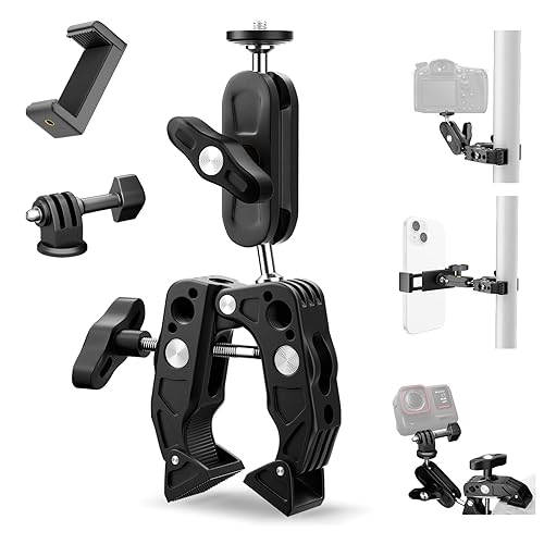 Super Clamp Camera Mount with 360 Dual Ballhead Magic Arm, 1/4"-20 & 3/8"-16 Thread and Phone/Action Camera Mount Adapter for Canon Nikon DSLR