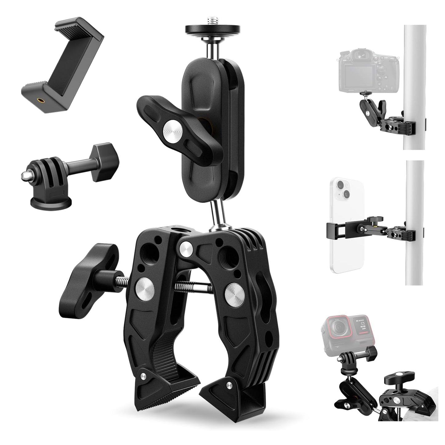 Super Clamp Camera Mount with 360 Dual Ballhead Magic Arm, 1/4"-20 & 3/8"-16 Thread and Phone/Action Camera Mount Adapter for Canon Nikon DSLR