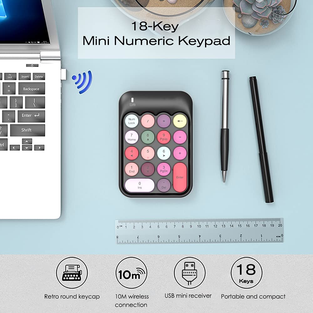 FELICON Wireless Numeric Keypad 18 Keys with 2.4G Mini Portable Silent Number Pad USB Receiver Financial Accounting Keyboard Extensions for Laptop