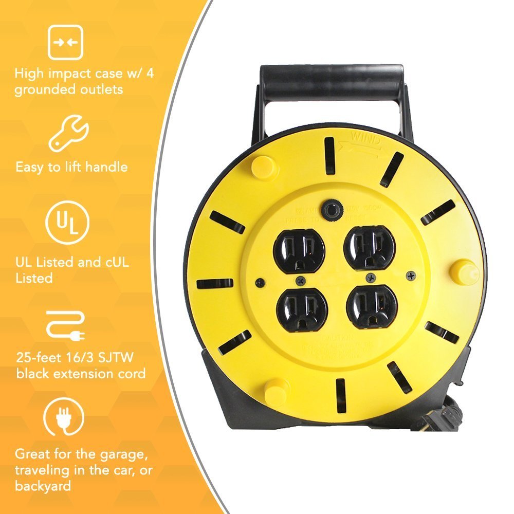 Woods Light Duty Extension Cord Reel - 16/3 Conductor Electrical Cord with 4 Grounded Outlets - 12A Circuit Breaker - Ideal for Light to Medium Duty