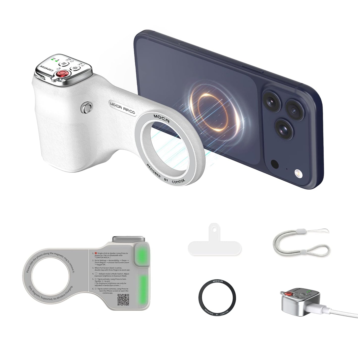 COMITOK Phone Camera Grip MOCA ARCO for Video Recording with Thumb Rest Area Design for iPhone Pro Max, with Enhanced Phone Mount & Detachable Remote