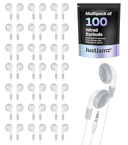 JustJamz Bulk Earbuds 100 Pack - Basic White Wired Ear Buds for Classroom, Students, and Schools - Comfortable Disposable Headphones - Multi Pack…
