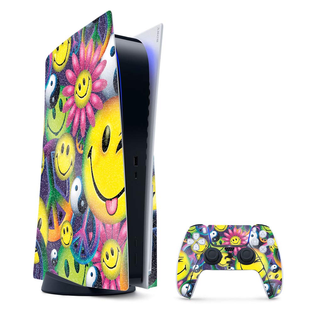 MightySkins Glossy Glitter Gaming Skin for PS5 / PlayStation 5 Bundle - Peace Smile | Durable High-Gloss Glitter Finish | Easy to Apply and Change
