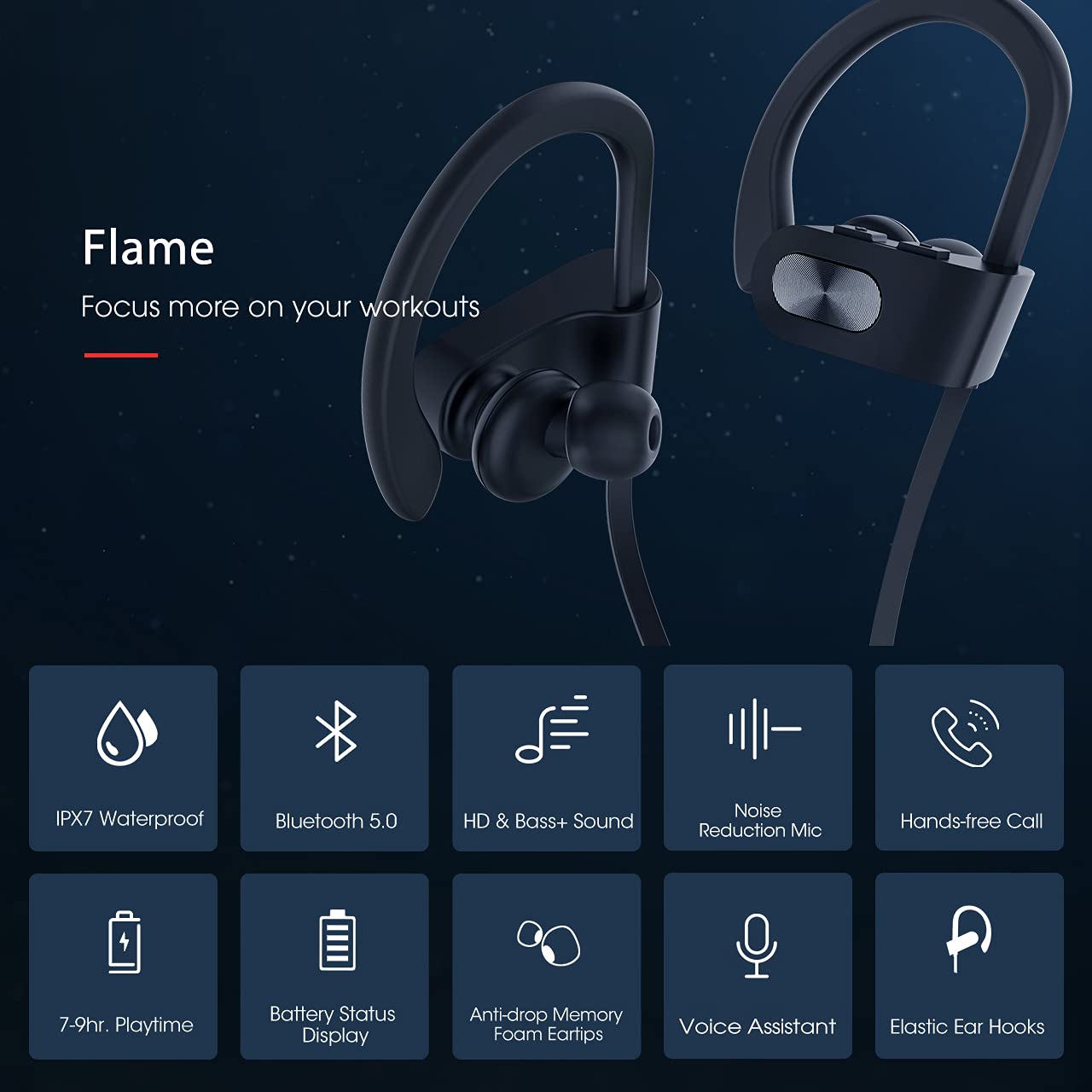 Redzoo Bluetooth Headphones V5.0,Running Headphones w/16 Hrs Playtime, Bass+ HD Stereo Wireless Sports Earphones w/IPX7 Waterproof Earbuds in Ear