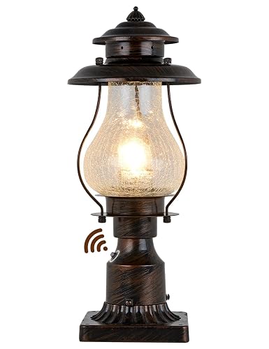 Dusk to Dawn Post Lights Outdoor Photocell Sensor Rustic Pole Mount Lanterns with Pier Mount Adapter Oil Rubbed Brown with Crackle Glass Waterproof