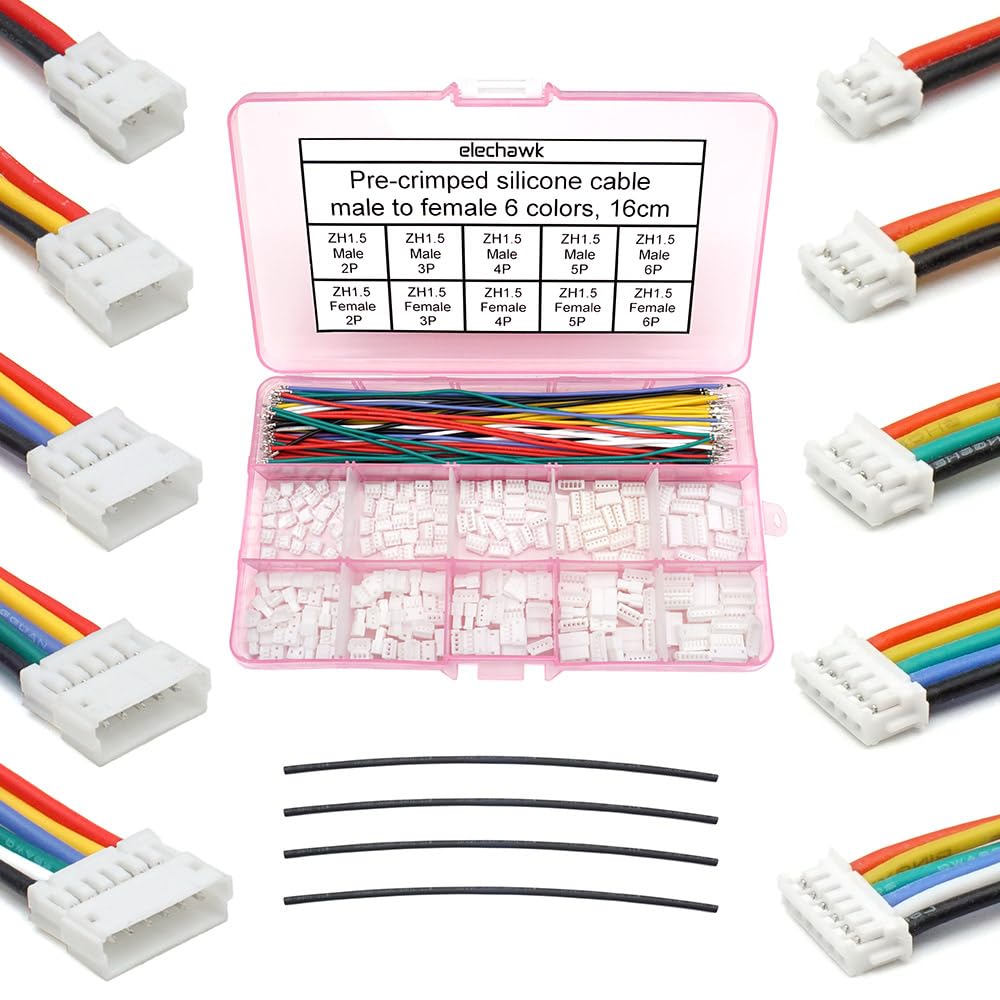 ZH 1.5MM Male Female Connectors and 28AWG Pre-Crimped Silicone Cables kit, ZH1.5 Connector Socket 2/3/4/5/6 Pin Housing JST Adapter Cable Connector