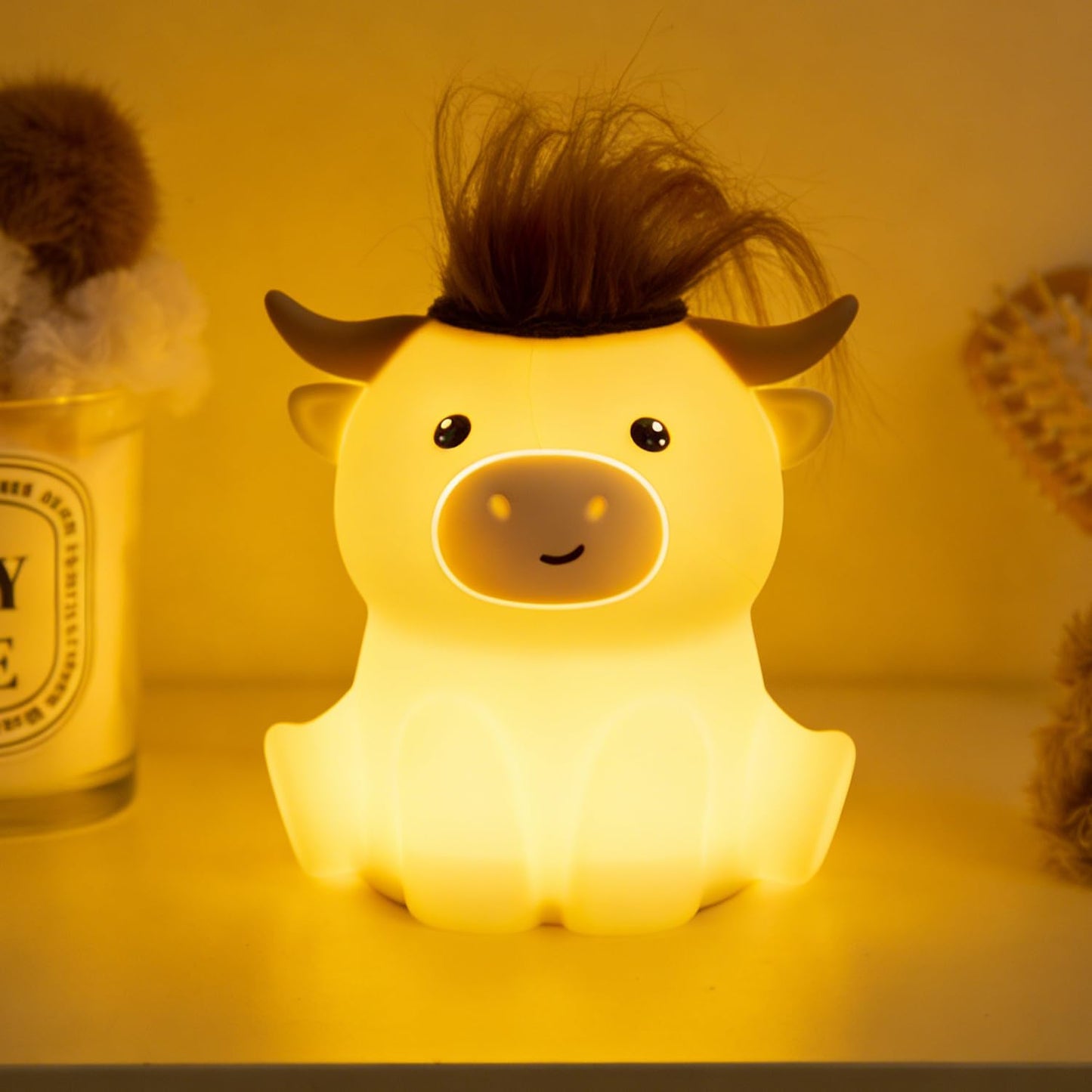 Bestfaith Cute Highland Cow Night Light, LED Squishy Night Lamp, 2 Levels Dimmable Timer Nursery Nightlight for Kids, Rechargeable Touch Lamp, Dorm