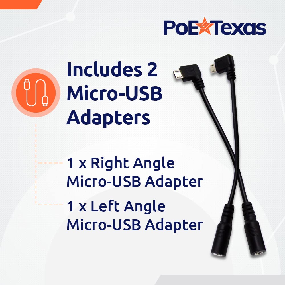 PoE Texas 802.3af Power Over Ethernet PoE Splitter + MicroUSB Connectors, 5 Volts 10 Watts Output & Gigabit Data - for 5V Power to Tablets, Dropcam