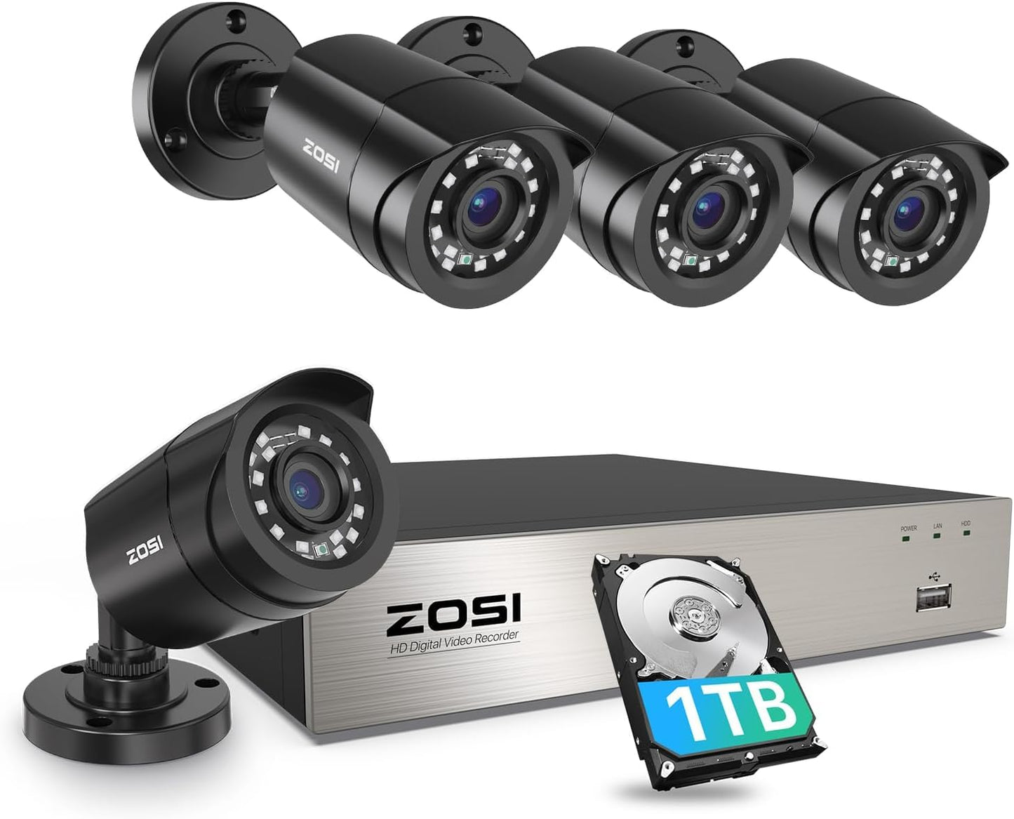 ZOSI 3K Lite Security Camera System with AI Human Vehicle Detection,H.265+ 8CH HD TVI Video DVR Recorder with 4X HD 1920TVL 1080P Indoor Outdoor