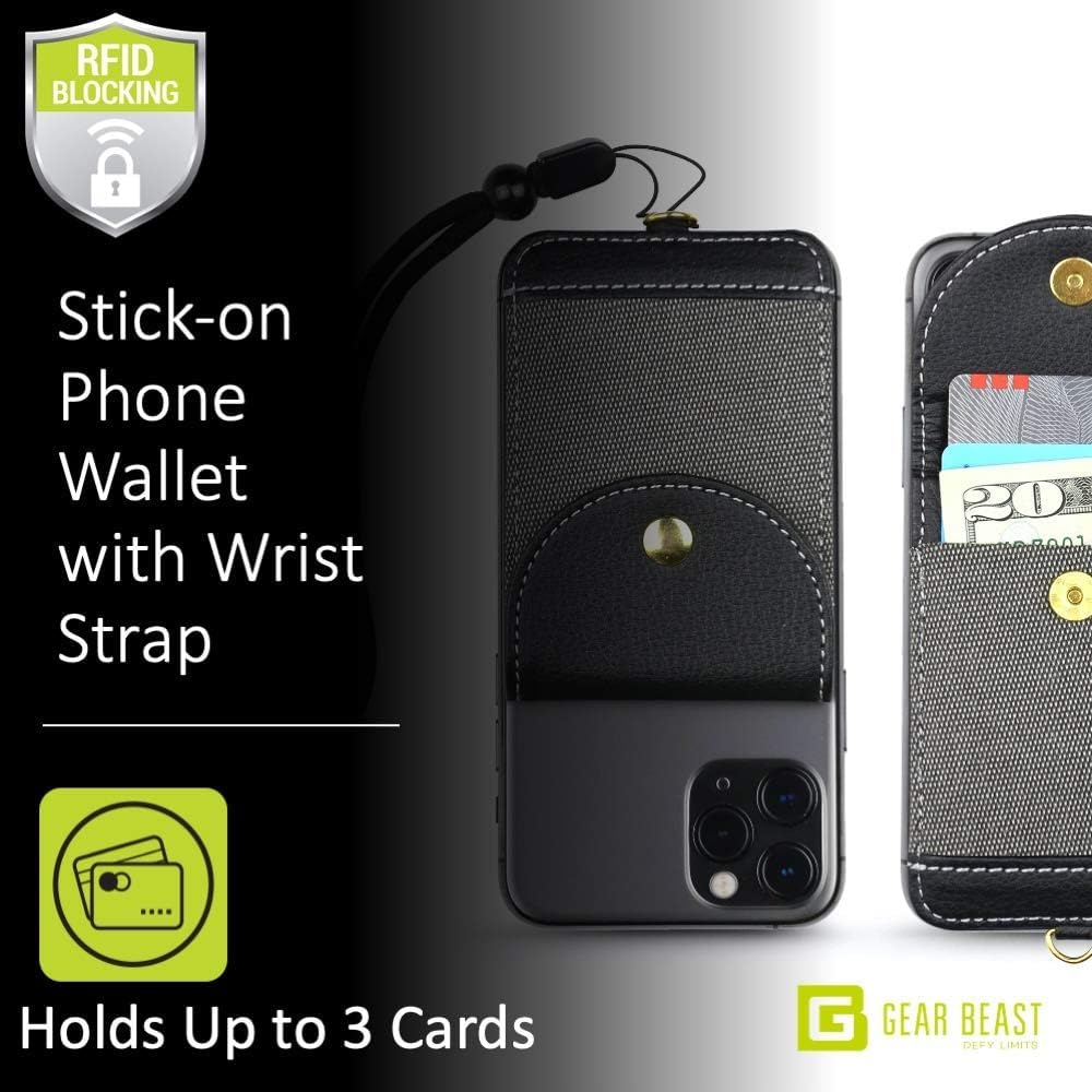 Cell Phone Wallet for Back of Phone with Wrist Strap, Stick On Wallet Credit Card ID Holder with RFID Protection Compatible with iPhone, Galaxy & Most