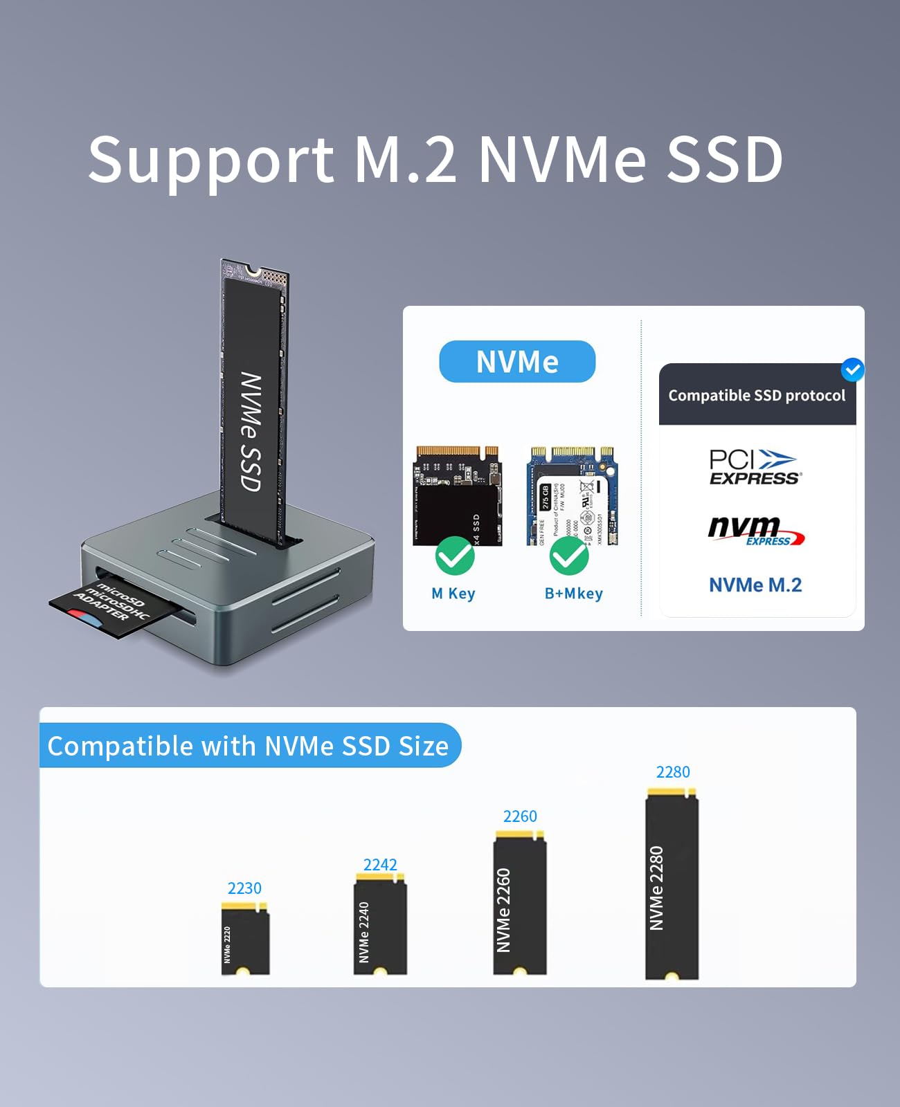 M.2 NVMe to USB Reader Adapter, 10Gbps NVMe Dock, USB 3.2 PCIe NVMe Enclosure for NVMe SSD & SD Card