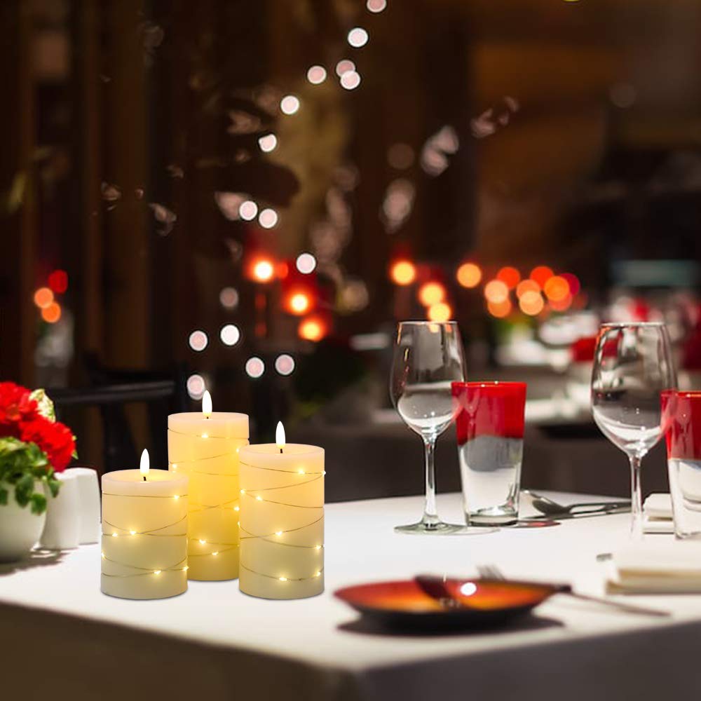 DRomance Flameless Flickering Candles String Light with Remote Timer Set of 3 Battery Operated LED Pillar Candles Real Wax 3D Wick Yellow Light
