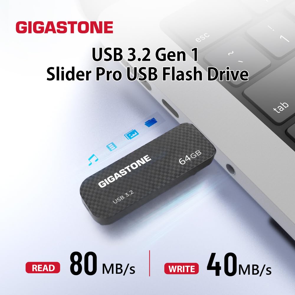 GIGASTONE 64GB USB 3.2 Flash Drive, 80MB/s High-Speed Data Transfer, Carbon Fiber Design, Retractable