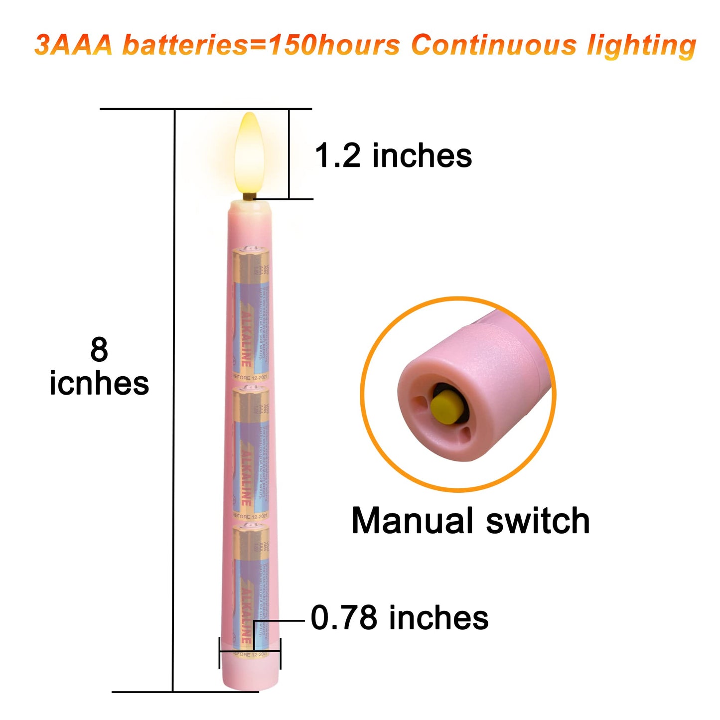 Yunsheng Flameless Advent Candles - Purple and Pink, 8 Inch Battery Operated LED Taper Candles with Remote Timer, 3D Wick Warm White Flicker Flame