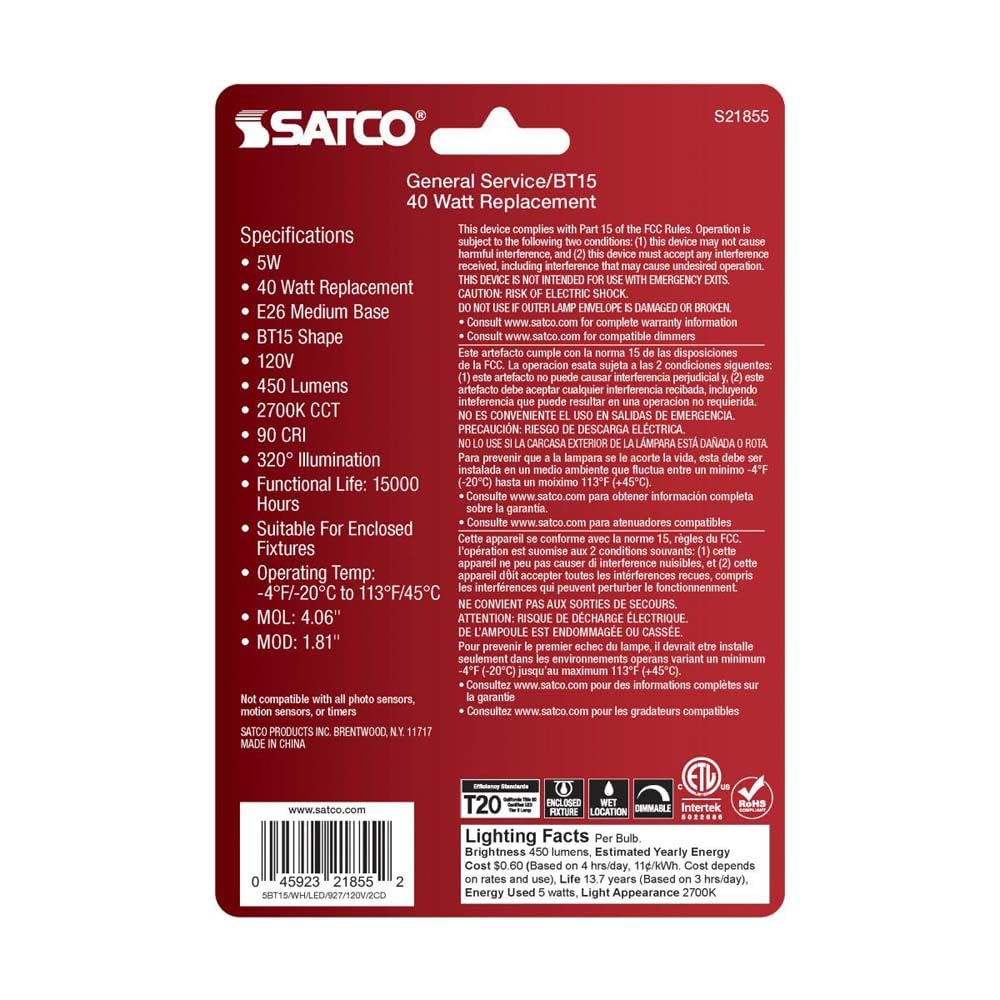 Satco S21855 5 Watt BT15 LED Bulb, White, Medium Base, 2700K, 450 Lumens, 120 Volt