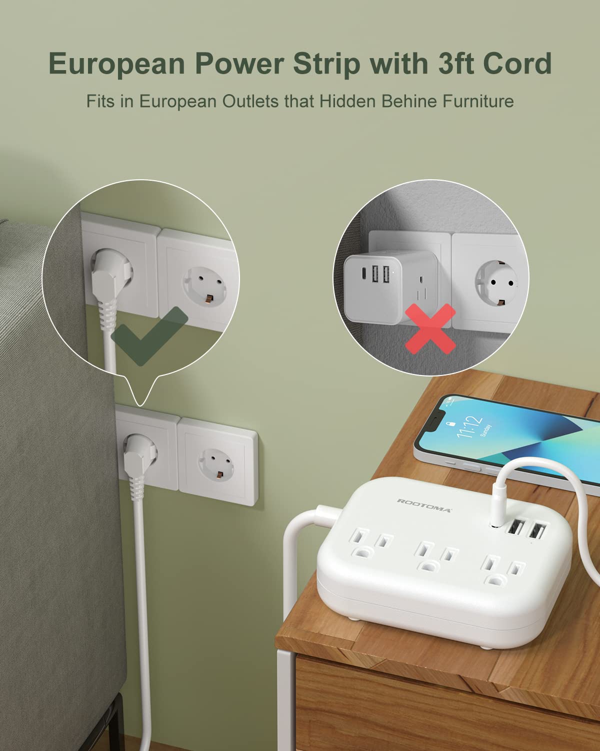 European Travel Plug Adapter with USB C, ROOTOMA Outlet Adapter US to Europe 3 Outlets 3 USB Ports, International Power Strip for EU Spain France