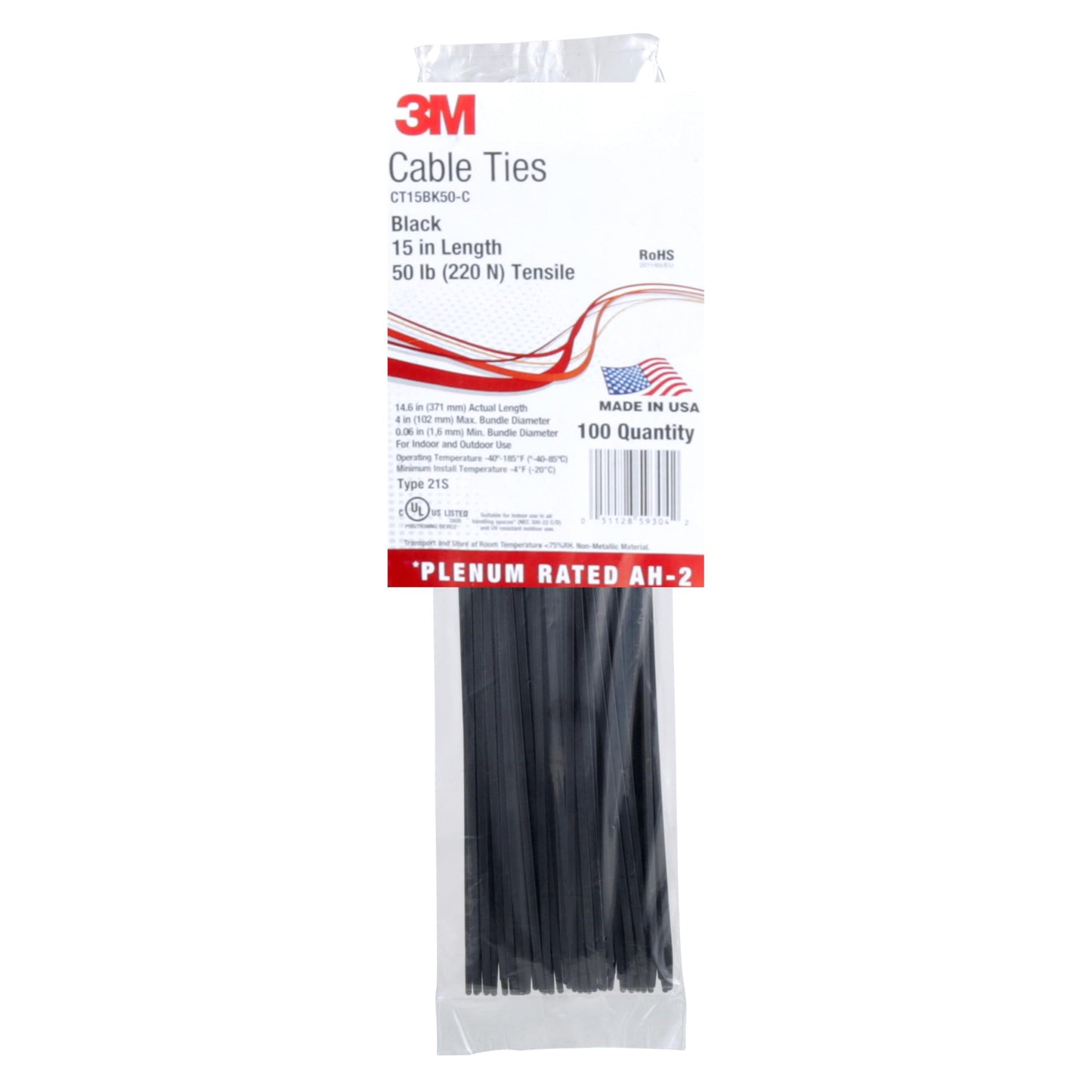 3M Cable Tie CT15BK50-C, Pack of 100 Ties, 15 inch Length, 50 lb Tensile, Black