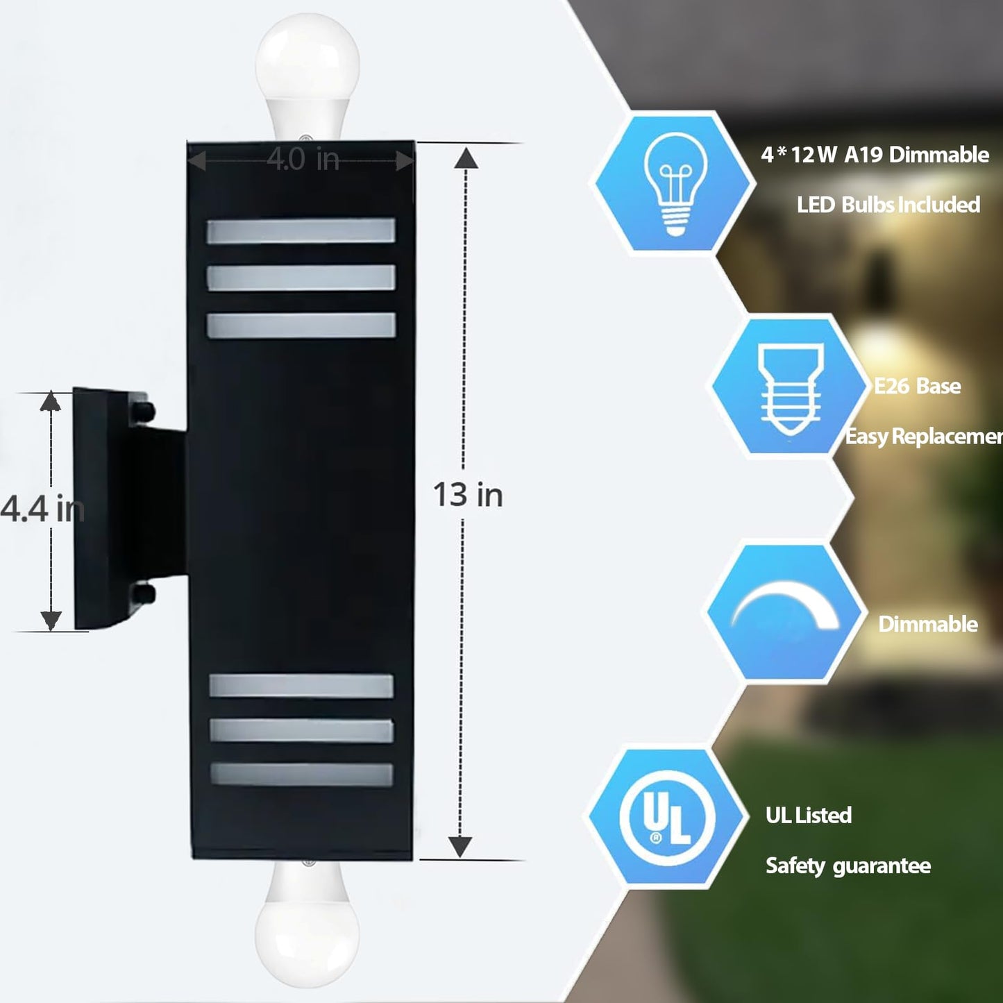 Motion Sensor Outdoor Wall Lights, Dusk to Dawn Exterior Light Fixture with 3 Modes, Waterproof Modern Dimmable Porch Light with Up Down Lighting