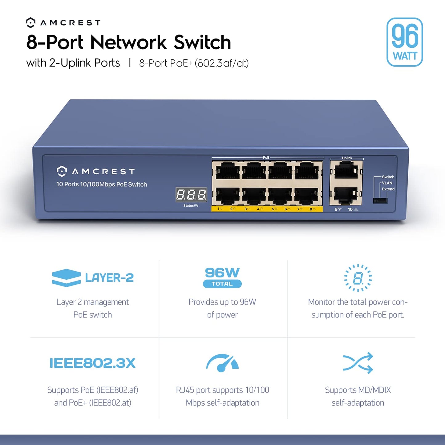 Amcrest 8-Port POE+ Switch, Power Over Ethernet, 802.3at, 96W, Metal Housing, 2-Port Uplink, Unmanaged, Desktop, 1-Year Warranty