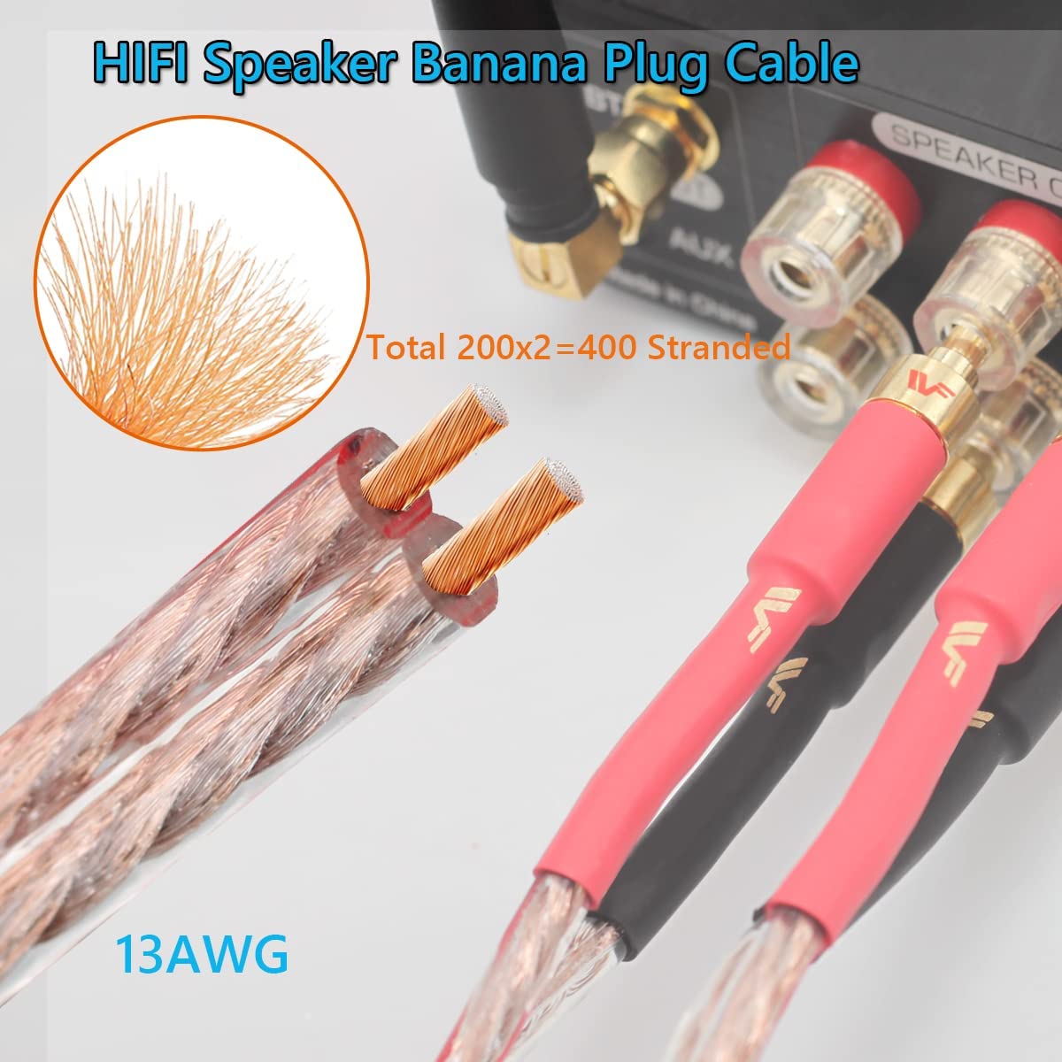 UCINNOVATE 2Pack 4m 13AWG Speaker Cable, Audiophile Grade Speaker Cable with Gold Plated Banana Plugs, Pre-Connected HiFi Copper Speaker Wire bi wired