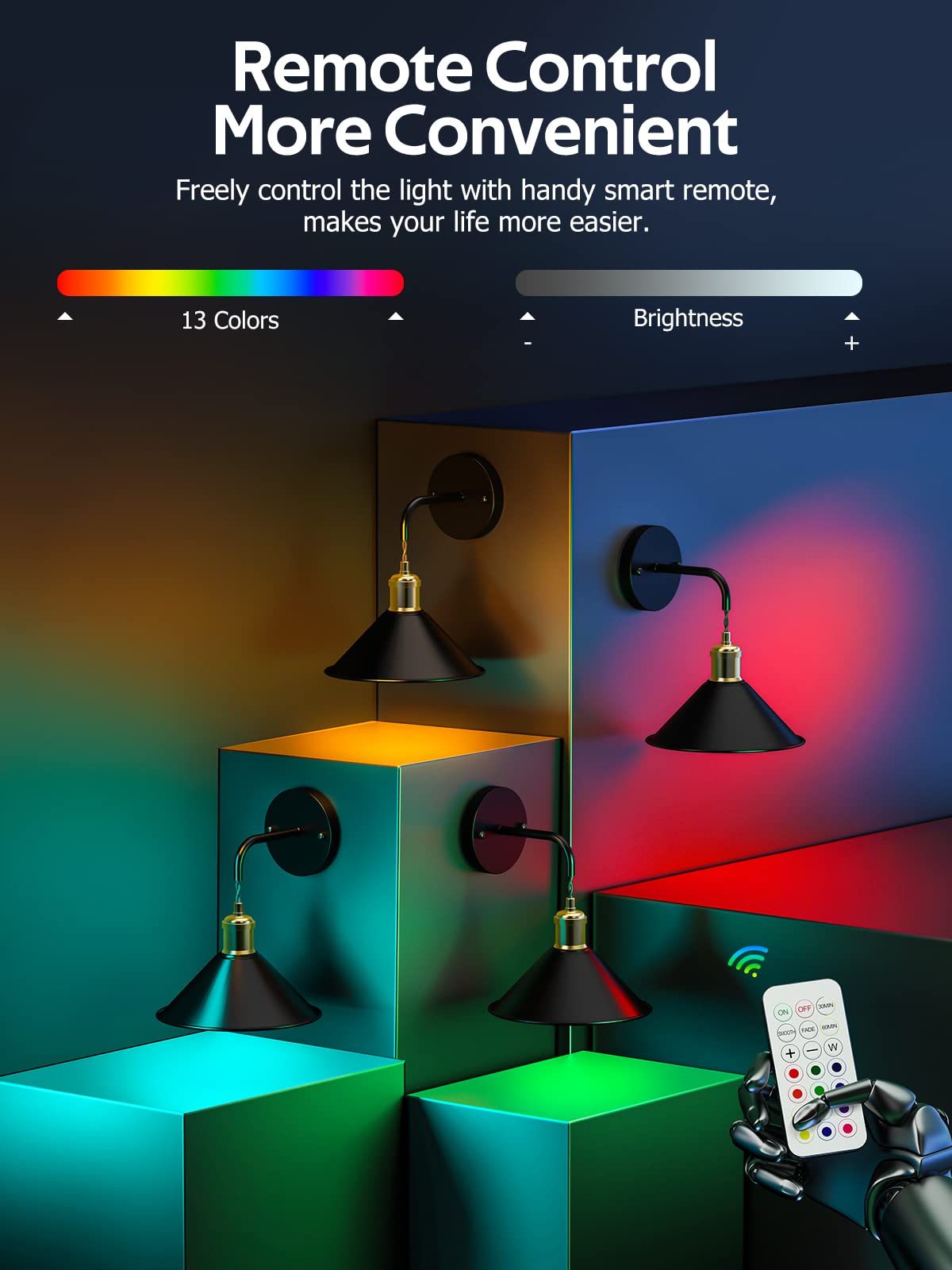 Tivkight Battery Operated Wall Sconce, Wireless Wall Lights Set of 2, 13 RGB Colors Dimmable Battery Powered Wall Lamp with Remote Memory Function