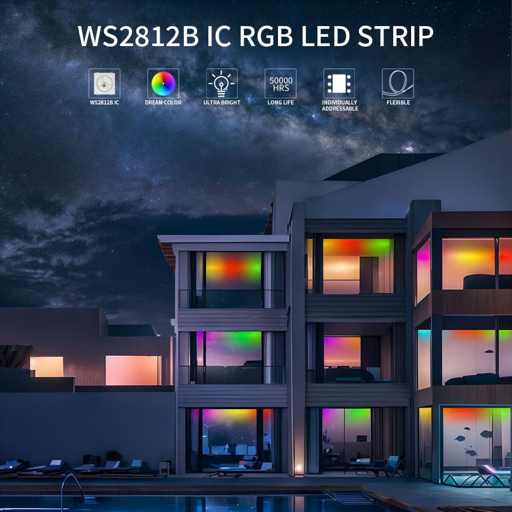 LOAMLIN WS2812B IC RGB 5050SMD ECO Individual Addressable LED Strip Light, 16.4FT 300LED 60LED/m Flexible Full Color IP65 Waterproof DC5V White PCB