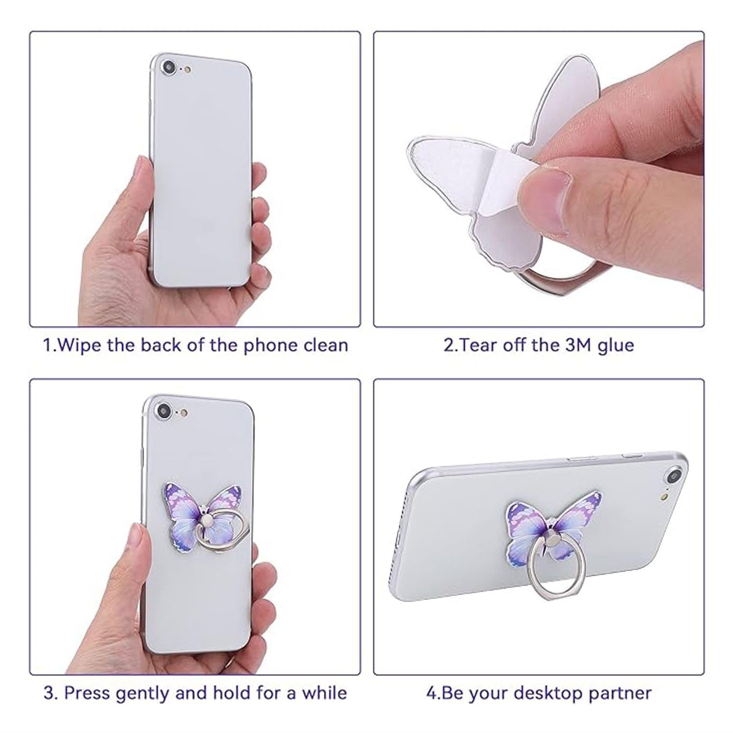 2 Pcs Butterfly Cell Phone Ring Stand Holder, Cute Butterfly Design Finger 360° Rotating Metal Hand Phone Stand Holder, with Adjustable Knob Loop