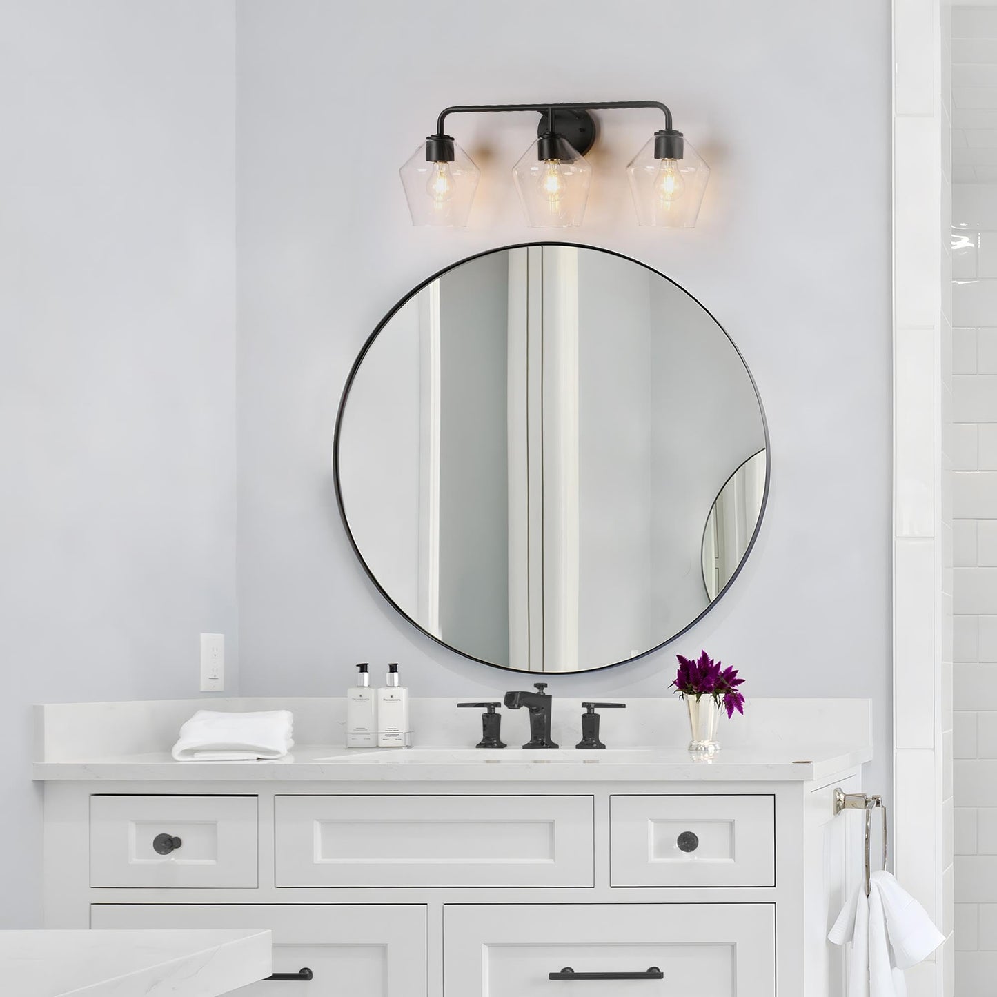 Bathroom Light Fixtures, Black Bathroom Vanity Lights 3 Lights, Modern Farmhouse Bathroom Light Black Wall Sconce Lighting with Clear Glass Shades