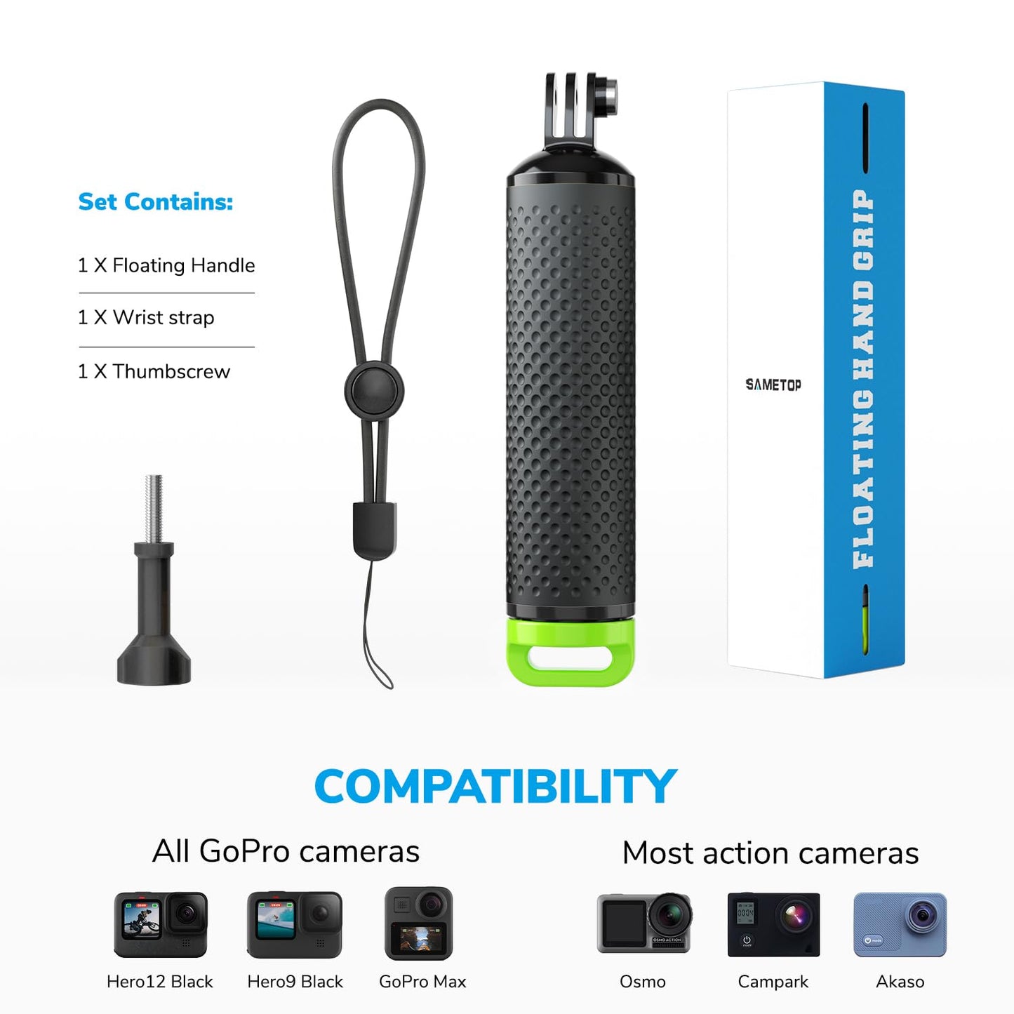 Sametop Floating Handle Grip Floaty Stick Waterproof Handler Accessory Compatible with GoPro Hero 13, 12, 11, 10, 9, 8, 7, 6, 5, 4, Session, 3+, 3