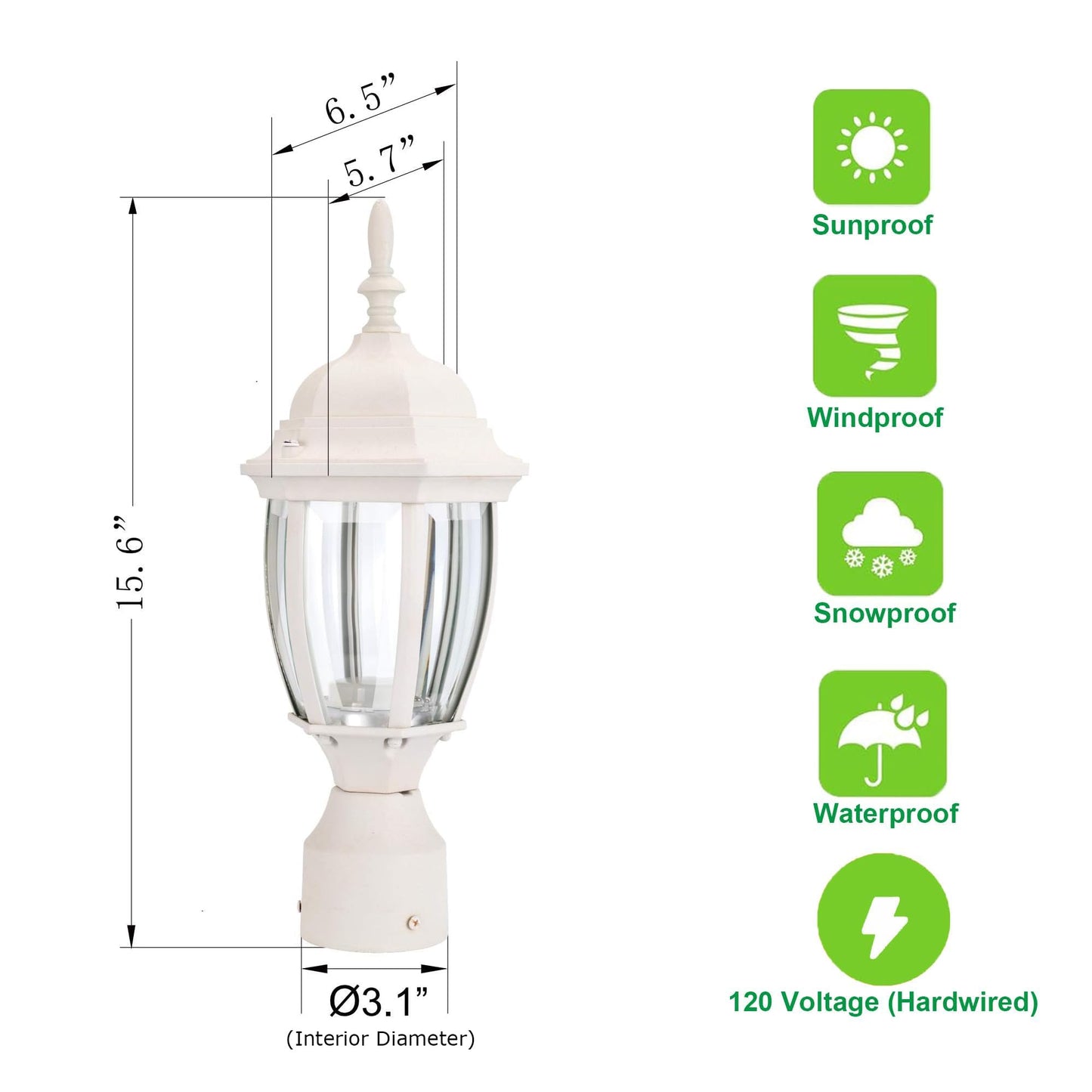 LIT-PaTH LED Outdoor Post Light, 15.6'' Aluminum Waterproof Pole Lantern, 5000K Daylight, 9.5W 800LM, Outside Lamp Post for Yard Driveway Patio, White