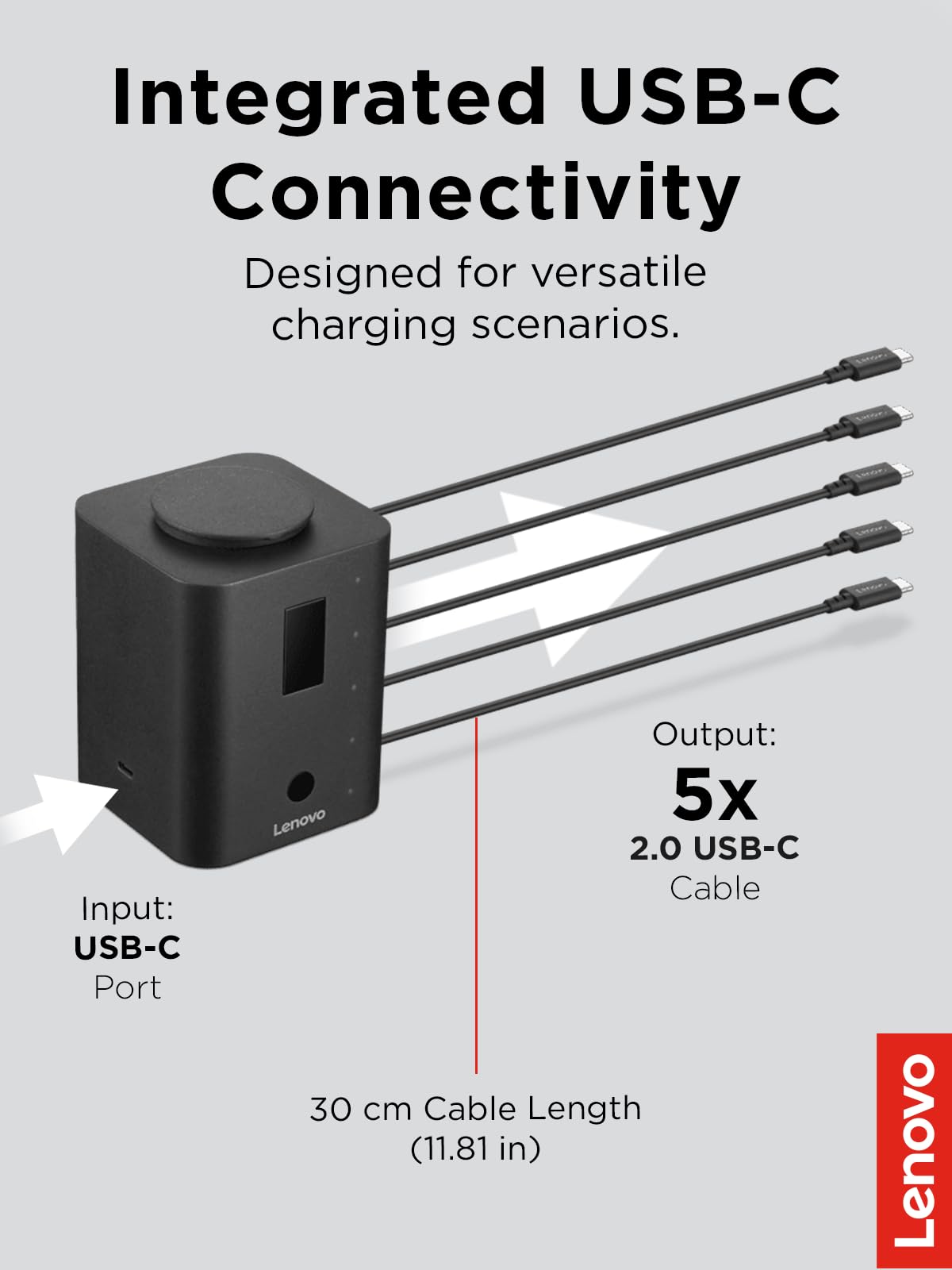 Lenovo Smart Charger, Designed for Chromebooks, Charge 5 laptops at Once and Monitor Their Battery Levels, Integrated 30cm USB-C Cables