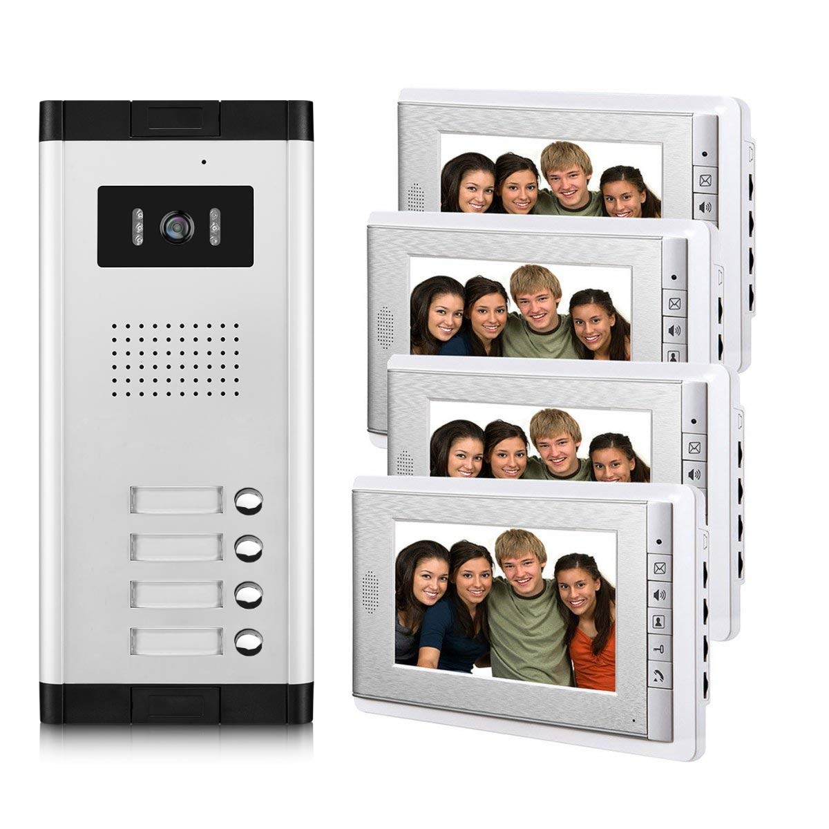 AMOCAM Apartment Video Intercom System, 4 Household Video Doorbell Kits, Wired 7 Inches Monitor, IR Outdoor Camera Support Monitoring, ID Unlock, 2